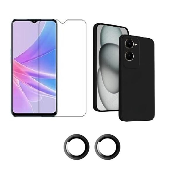 3 in 1 Combo Pack for Vivo Y28s 5G – Silicone Black (Back Cover + Camera Lens Protector + Tempered Glass)