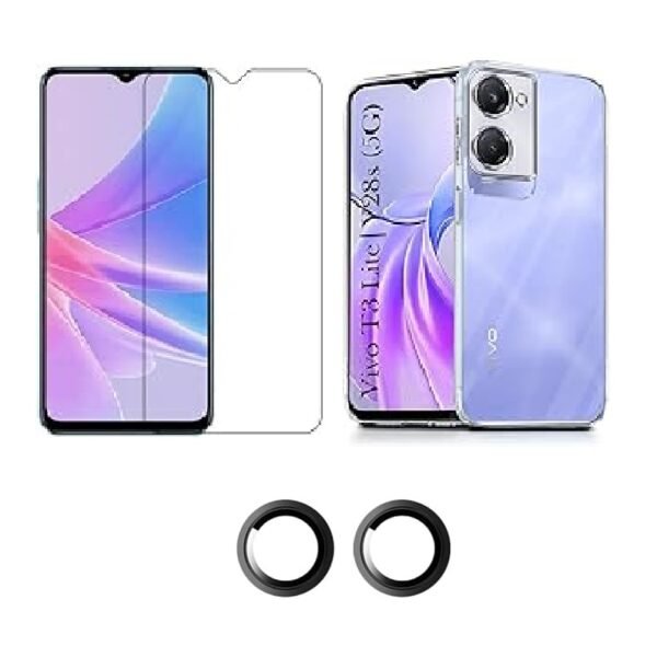 3 in 1 Combo Pack for Vivo Y28s 5G – Silicone Transparent Cover (Back Cover + Camera Lens Protector + Tempered Glass)