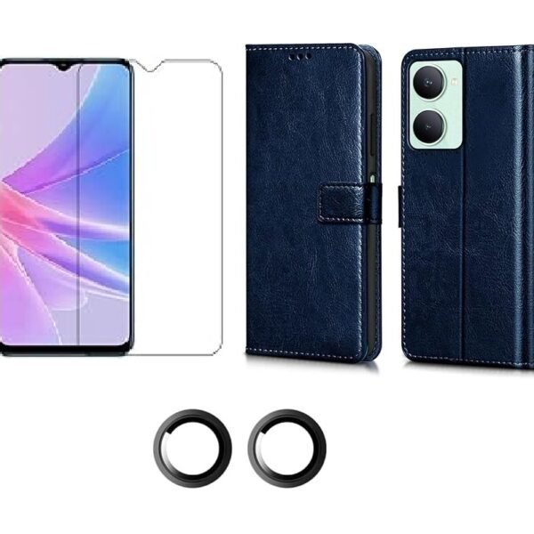 3 in 1 Combo Pack for Vivo Y28s 5G – Flip Blue (Back Cover + Camera Lens Protector + Tempered Glass)