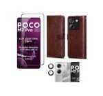 Poco M7 Pro 5G Flip Cover (Chestnut Brown) + Tempered Glass + Camera Lens Protector Combo pack.