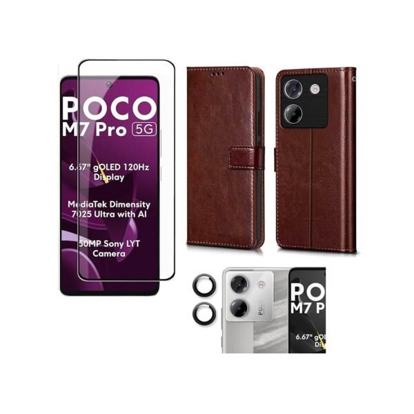 Poco M7 Pro 5G Flip Cover (Chestnut Brown) + Tempered Glass + Camera Lens Protector Combo pack.