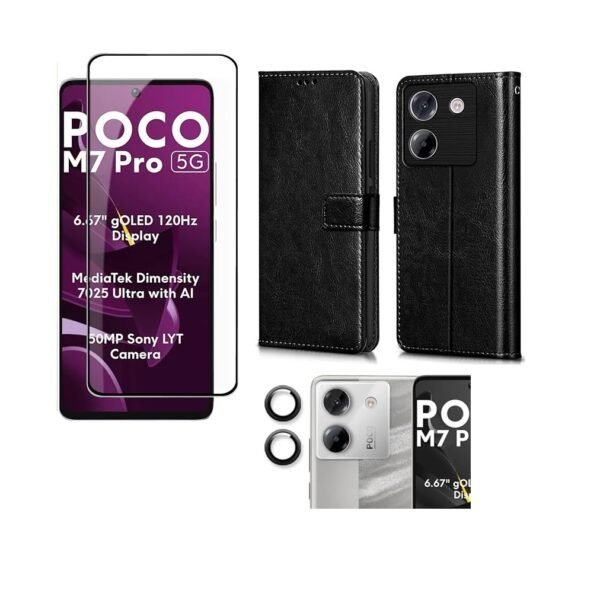 Poco M7 Pro 5G Flip Cover (Black) + Tempered Glass + Camera Lens Protector Combo pack.