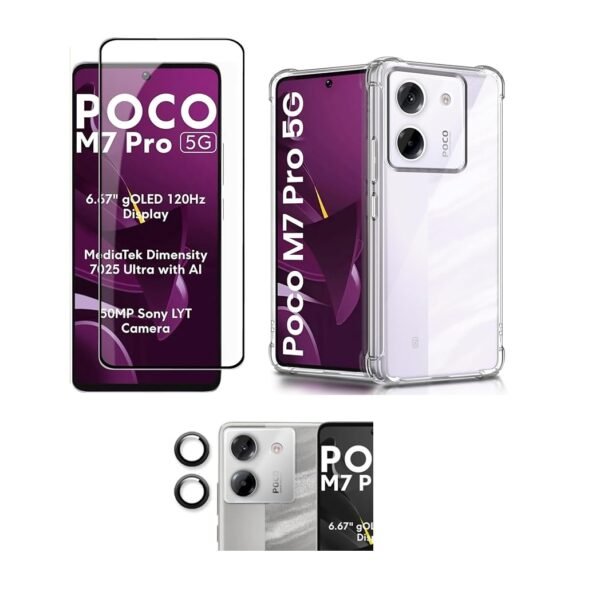 Poco M7 Pro 5G Clear Back Cover + Tempered Glass + Camera Lens Protector Combo pack.