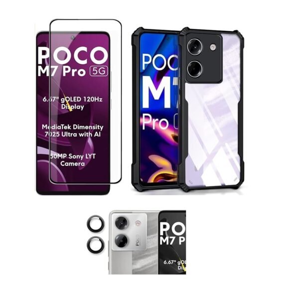 Poco M7 Pro 5G (Eagle Cover) Clear Back Cover + Tempered Glass + Camera Lens Protector Combo pack.