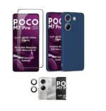 Poco M7 Pro 5G Soft Matte Blue Back Cover + Tempered Glass + Camera Lens Protector Combo pack.