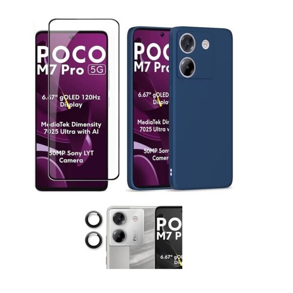 Poco M7 Pro 5G Soft Matte Blue Back Cover + Tempered Glass + Camera Lens Protector Combo pack.