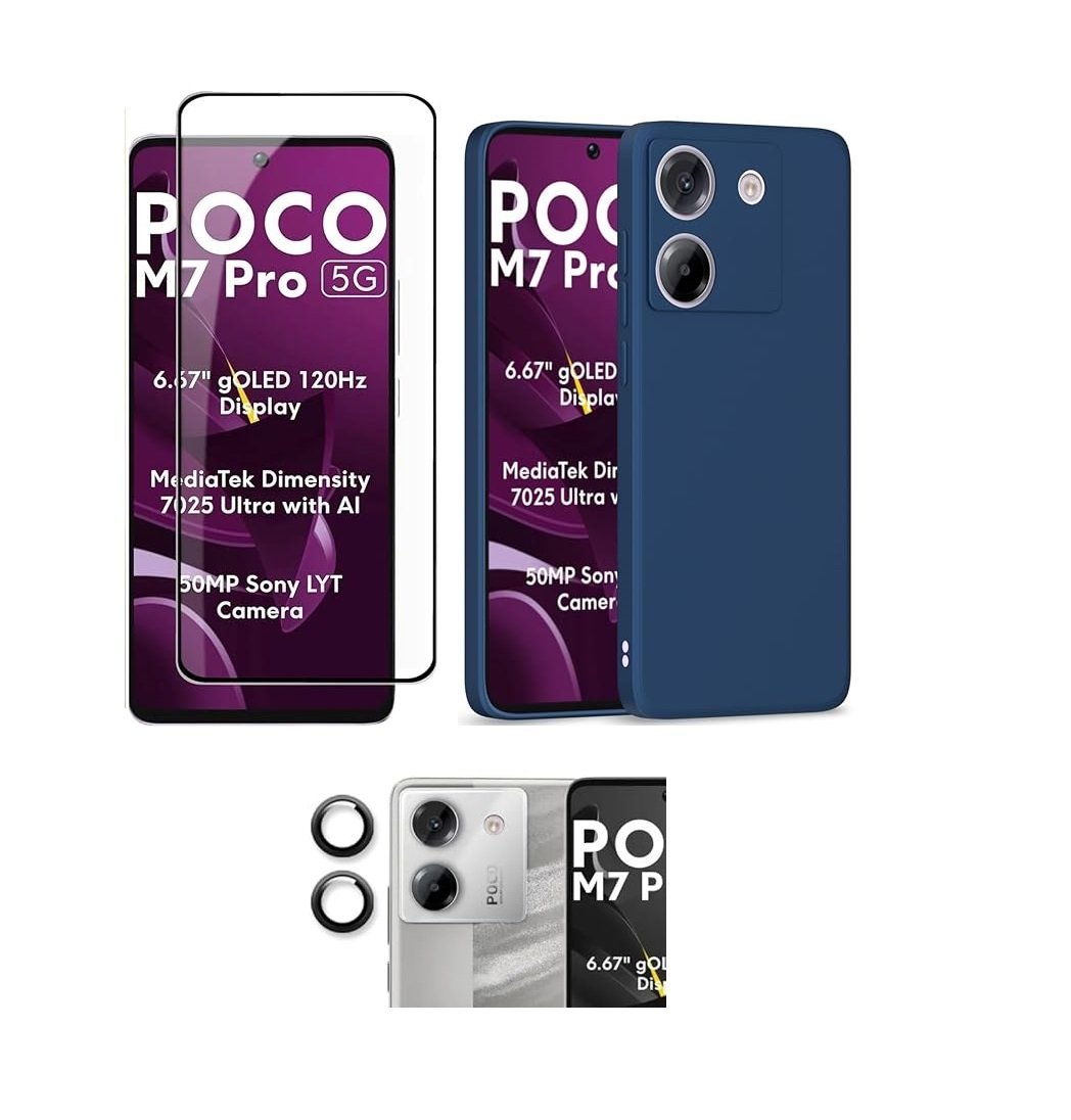 Poco M7 Pro 5G Soft Matte Blue Back Cover + Tempered Glass + Camera Lens Protector Combo pack. Poco M7 Pro 5G Soft Matte Blue Back Cover + Tempered Glass + Camera Lens Protector Combo pack.