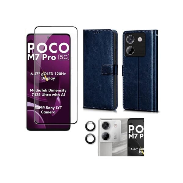 Poco M7 Pro 5G Flip Cover (Blue) + Tempered Glass + Camera Lens Protector Combo pack.