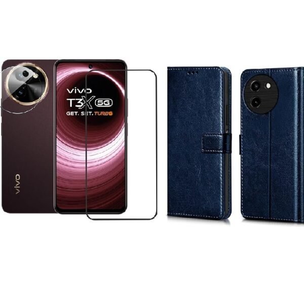 Vivo T3x 5G Protection Combo | Leather Finish Flip Cover (Blue) with Card Pockets & Wallet Stand + Tempered Glass + Camera Lens Protector