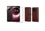 Combo Vivo T3x 5G Leather Finish Flip Cover  | Wallet Stand Case with Card Pockets + Tempered Glass + Camera Lens Protector (Brown)