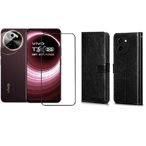 Combo Vivo T3x 5G Leather Finish Flip Cover  | Wallet Stand Case with Card Pockets + Tempered Glass + Camera Lens Protector Combo (Black)