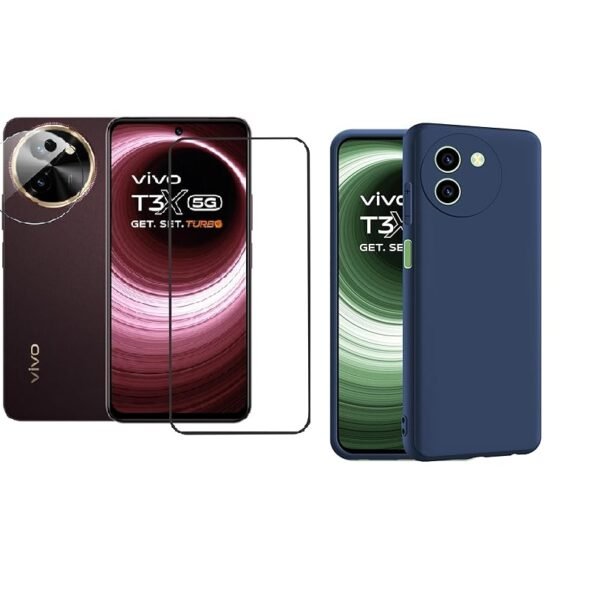 Vivo T3x 5G Protection Combo | Liquid Silicone Back Cover (Blue) + Tempered Glass + Camera Lens Protector