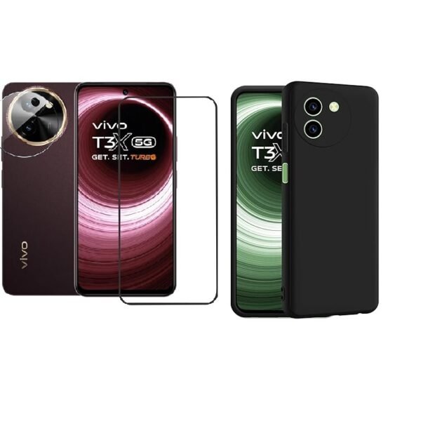 Vivo T3x 5G Protection Combo | Liquid Silicone Back Cover (Black) + Tempered Glass + Camera Lens Protector