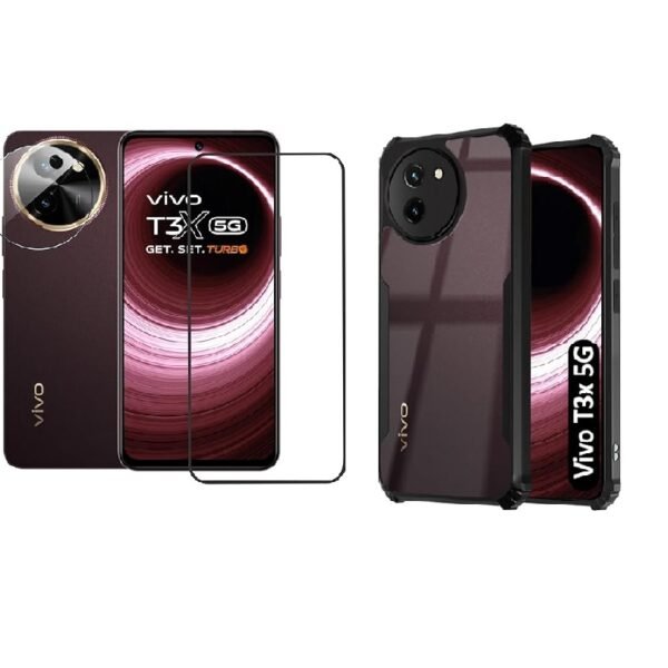 Vivo T3x 5G Protection Combo | Ultra Clear Soft Silicone Back Cover (Eagle) + Tempered Glass + Camera Lens Protector