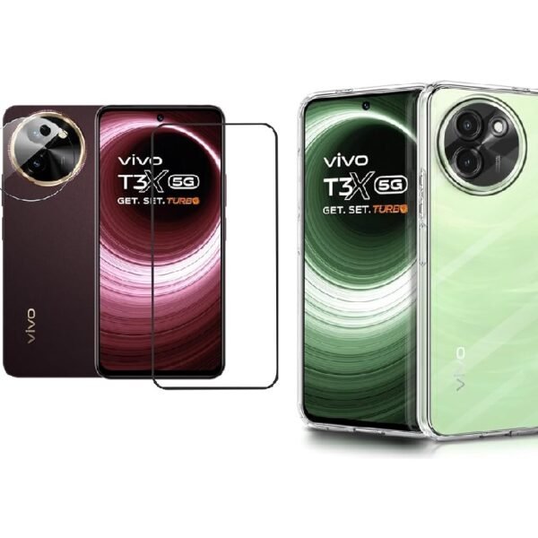 Vivo T3x 5G Protection Combo | Transparent Silicone Shockproof Back Cover + Tempered Glass + Camera Lens Protector