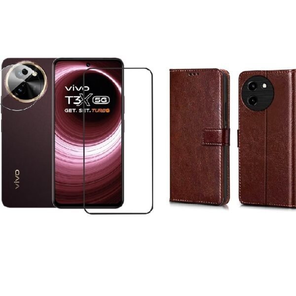 Combo Vivo T3x 5G Leather Finish Flip Cover  | Wallet Stand Case with Card Pockets + Tempered Glass + Camera Lens Protector (Brown)