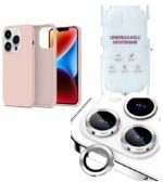 Silicone Bumper Case for iPhone 14 Pro (Pink) | Camera Lens (Silver) | Matte Finish Back Membrane screen Guard (Pack Of 3) Combo