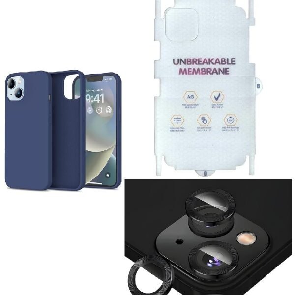 Silicone Bumper Case for iPhone 14 Plus (Blue) | Camera Lens (Black) | Matte Finish Back Membrane screen Guard (Pack Of 3) Combo