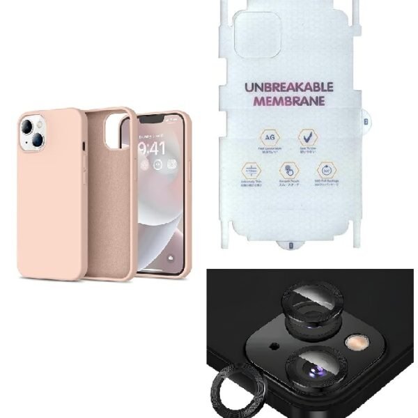 Silicone Bumper Case for iPhone 14 Plus (Pink) | Camera Lens (Black) | Matte Finish Back Membrane screen Guard (Pack Of 3) Combo