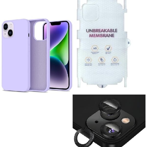 Silicone Bumper Case for iPhone 14 Plus (Purple) | Camera Lens (Black) | Matte Finish Back Membrane screen Guard (Pack Of 3) Combo
