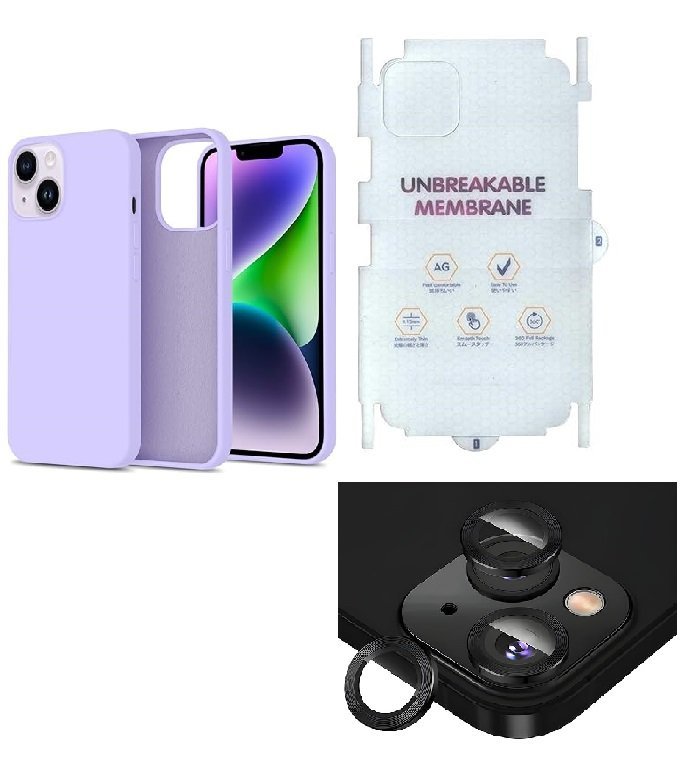 Silicone Bumper Case for iPhone 14 Plus (Purple) | Camera Lens (Black) | Matte Finish Back Membrane screen Guard (Pack Of 3) Combo