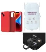 Silicone Bumper Case for iPhone 14 Plus (Red) | Camera Lens (Black) | Matte Finish Back Membrane screen Guard (Pack Of 3) Combo