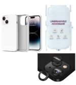 Silicone Bumper Case for iPhone 14 Plus (White) | Camera Lens (Black) | Matte Finish Back Membrane screen Guard (Pack Of 3) Combo