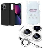 Silicone Bumper Case for iPhone 14 Pro (Black) | Camera Lens (Silver) | Matte Finish Back Membrane screen Guard (Pack Of 3) Combo