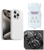 Silicone Bumper Case for iPhone 15 Pro (White) | Camera Lens (Black) | Matte Finish Back Membrane screen Guard (Pack Of 3) Combo
