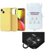 Silicone Bumper Case for iPhone 14 Plus (Yellow) | Camera Lens (Black) | Matte Finish Back Membrane screen Guard (Pack Of 3) Combo