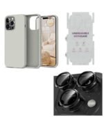 Silicone Bumper Case for iPhone 14 Pro Max (Grey) | Camera Lens (Black) | Matte Finish Back Membrane screen Guard (Pack Of 3) Combo
