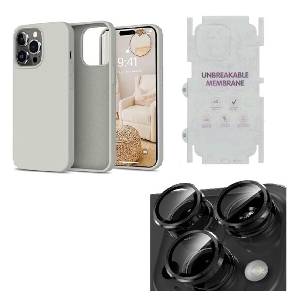 Silicone Bumper Case for iPhone 14 Pro Max (Grey) | Camera Lens (Black) | Matte Finish Back Membrane screen Guard (Pack Of 3) Combo