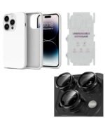Silicone Bumper Case for iPhone 14 Pro Max (White) | Camera Lens (Black) | Matte Finish Back Membrane screen Guard (Pack Of 3) Combo