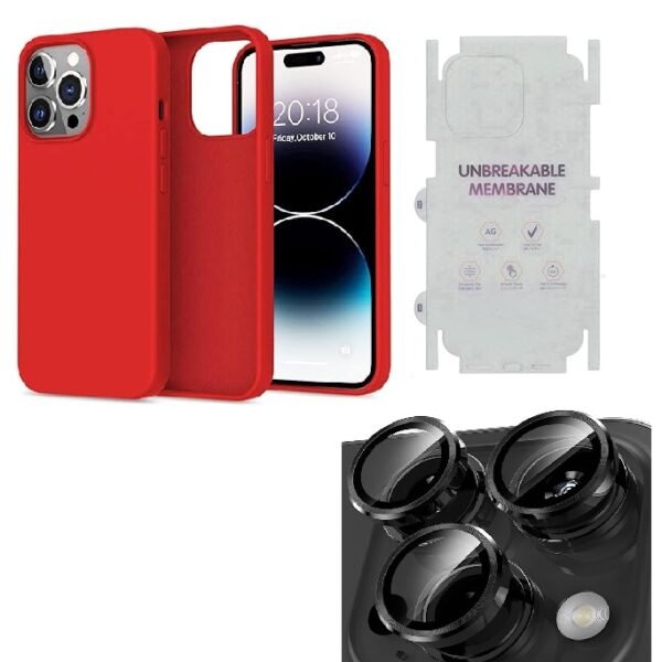 Silicone Bumper Case for iPhone 14 Pro Max (Red) | Camera Lens (Black) | Matte Finish Back Membrane screen Guard (Pack Of 3) Combo