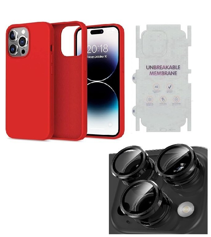 Silicone Bumper Case for iPhone 14 Pro Max (Red) | Camera Lens (Black) | Matte Finish Back Membrane screen Guard (Pack Of 3) Combo