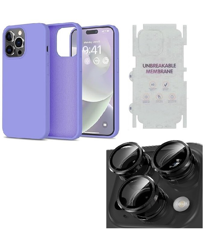 Silicone Bumper Case for iPhone 14 Pro Max (Purple) | Camera Lens (Black) | Matte Finish Back Membrane screen Guard (Pack Of 3) Combo
