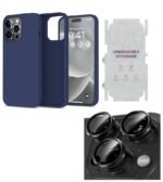 Silicone Bumper Case for iPhone 14 Pro Max (Blue) | Camera Lens (Black) | Matte Finish Back Membrane screen Guard (Pack Of 3) Combo