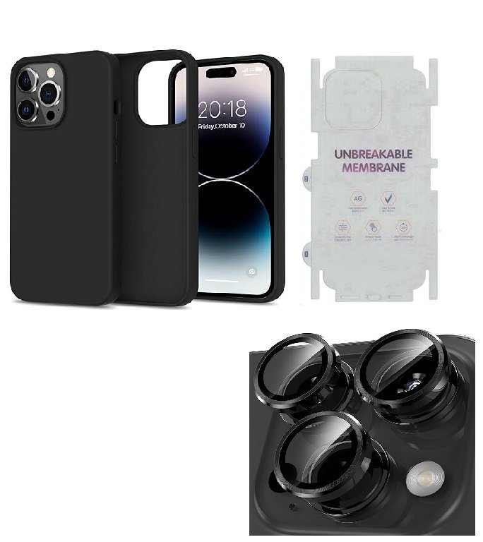 Silicone Bumper Case for iPhone 14 Pro Max (Black) | Camera Lens (Black) | Matte Finish Back Membrane screen Guard (Pack Of 3) Combo