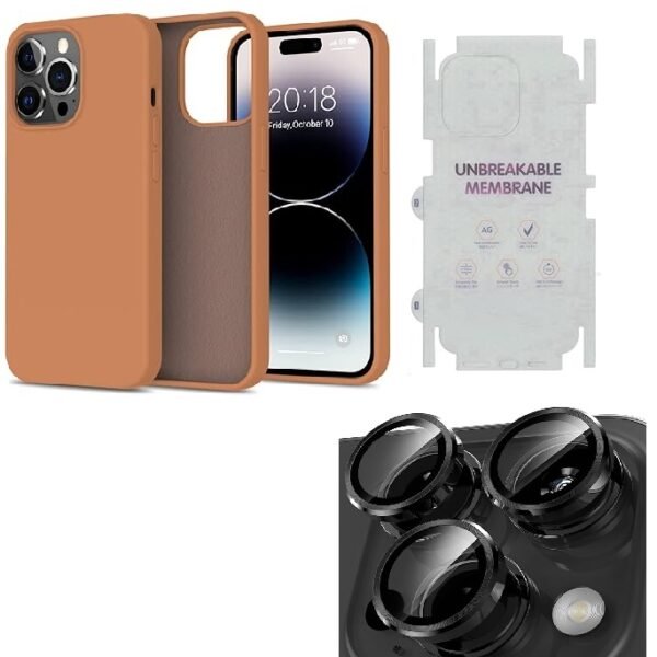 Silicone Bumper Case for iPhone 14 Pro Max (Brown) | Camera Lens (Black) | Matte Finish Back Membrane screen Guard (Pack Of 3) Combo