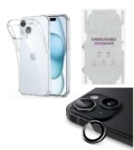 Silicone Bumper Case for iPhone 15 (Transparent) | Camera Lens (Black) | Matte Finish Back Membrane screen Guard (Pack Of 3) Combo