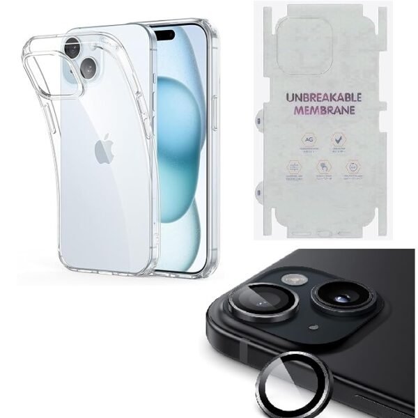Silicone Bumper Case for iPhone 15 (Transparent) | Camera Lens (Black) | Matte Finish Back Membrane screen Guard (Pack Of 3) Combo