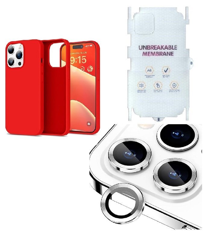 Silicone Bumper Case for iPhone 14 Pro (Red) | Camera Lens (Silver) | Matte Finish Back Membrane screen Guard (Pack Of 3) Combo