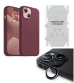 Silicone Bumper Case for iPhone 15 (Wine Red) | Camera Lens (Black) | Matte Finish Back Membrane screen Guard (Pack Of 3) Combo