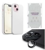 Silicone Bumper Case for iPhone 15 (White) | Camera Lens (Black) | Matte Finish Back Membrane screen Guard (Pack Of 3) Combo
