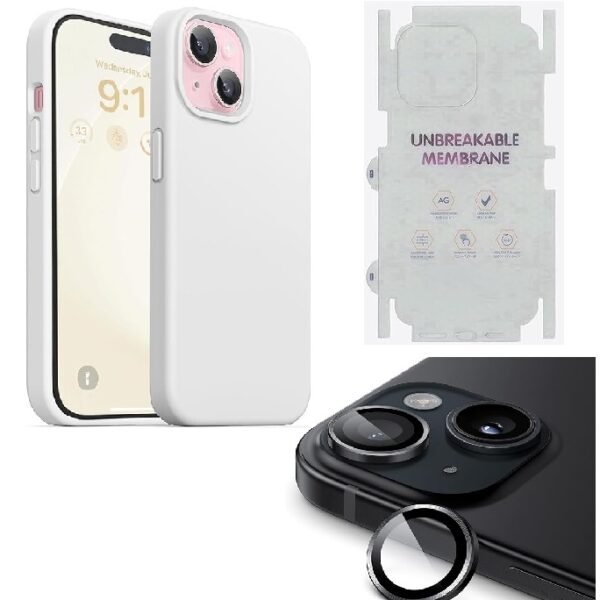 Silicone Bumper Case for iPhone 15 (White) | Camera Lens (Black) | Matte Finish Back Membrane screen Guard (Pack Of 3) Combo