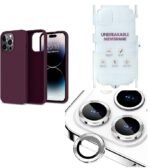 Silicone Bumper Case for iPhone 14 Pro (Wine Red) | Camera Lens (Silver) | Matte Finish Back Membrane screen Guard (Pack Of 3) Combo