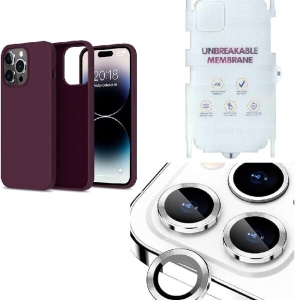Silicone Bumper Case for iPhone 14 Pro (Wine Red) | Camera Lens (Silver) | Matte Finish Back Membrane screen Guard (Pack Of 3) Combo