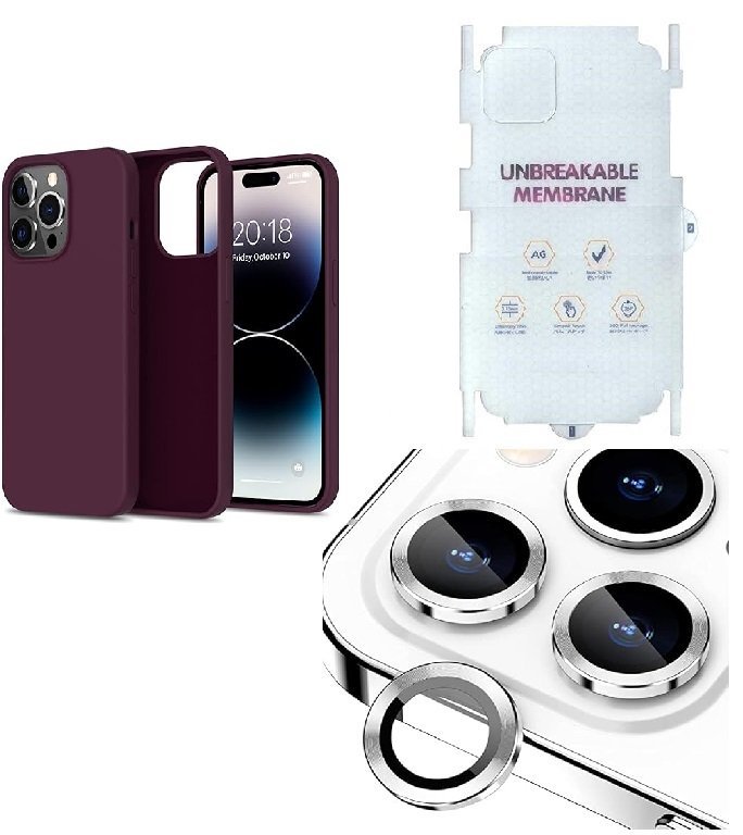 Silicone Bumper Case for iPhone 14 Pro (Wine Red) | Camera Lens (Silver) | Matte Finish Back Membrane screen Guard (Pack Of 3) Combo