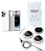 Silicone Bumper Case for iPhone 14 Pro (White) | Camera Lens (Silver) | Matte Finish Back Membrane screen Guard (Pack Of 3) Combo