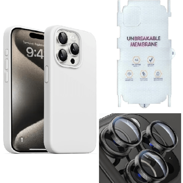 Silicone Bumper Case for iPhone 15 Pro (White) | Camera Lens (Black) | Matte Finish Back Membrane screen Guard (Pack Of 3) Combo
